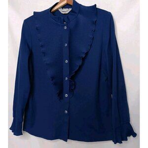 Vintage Blair 16P Petite Blouse Button Up Navt Stretch Polyester Ruffle Long Slv